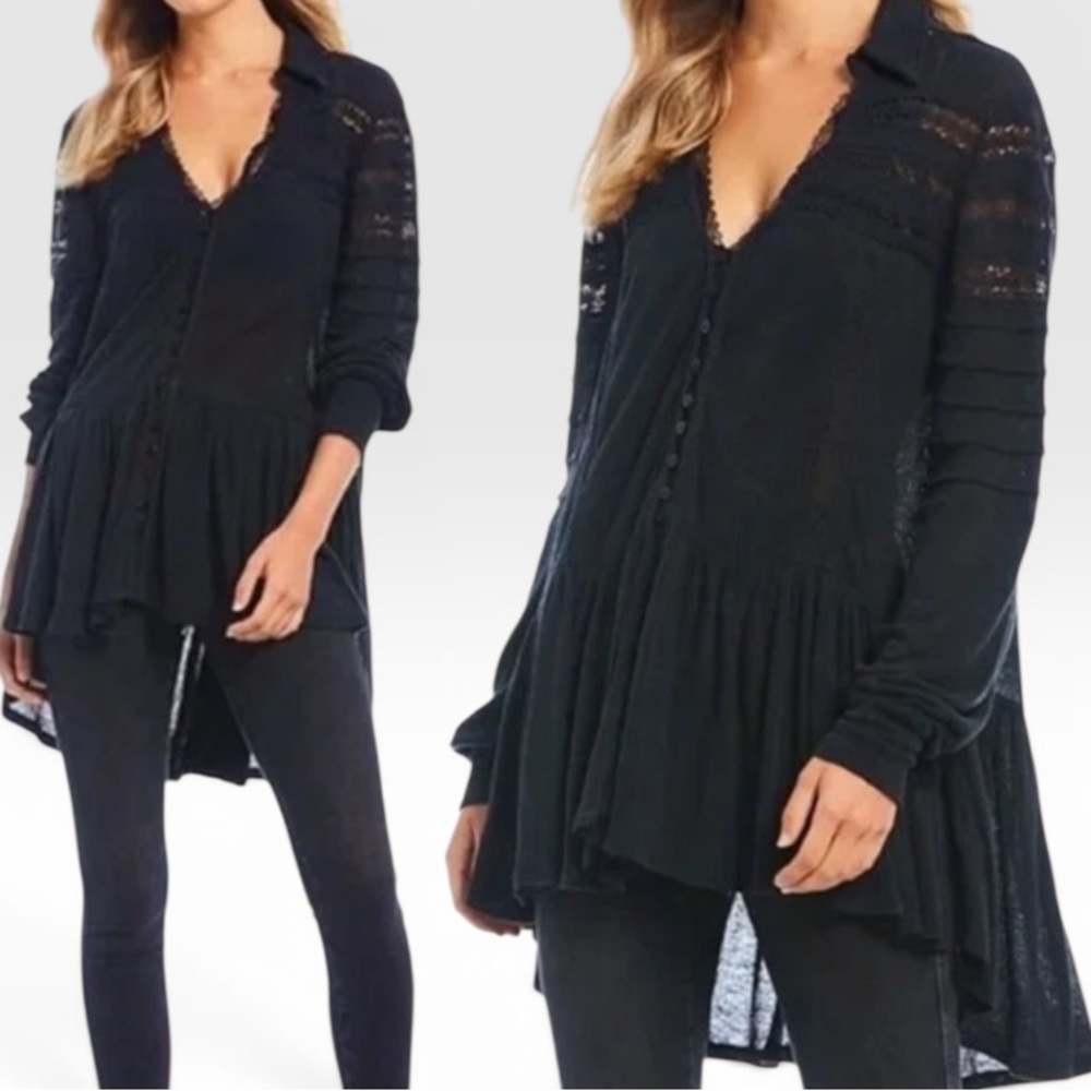 Free People Set To Stun Black Lace-Inset Low V Neck Collar Boho Tunic Top Size M